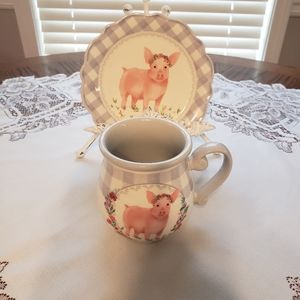 PW Grey Gingham Piglet Appetizer Plate and Mug Set